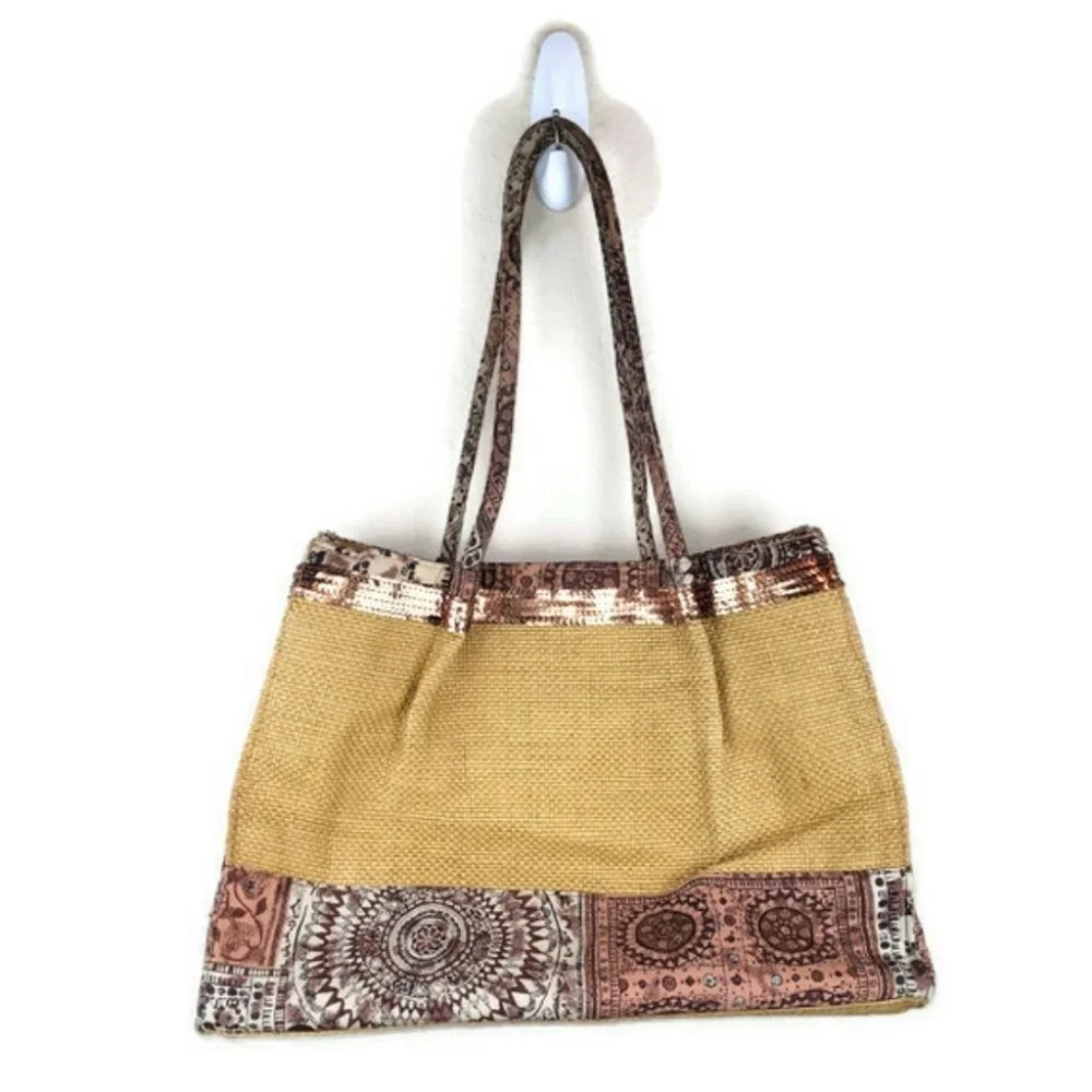Woven Straw Tote with Paisley Trim - Yellow & Brown